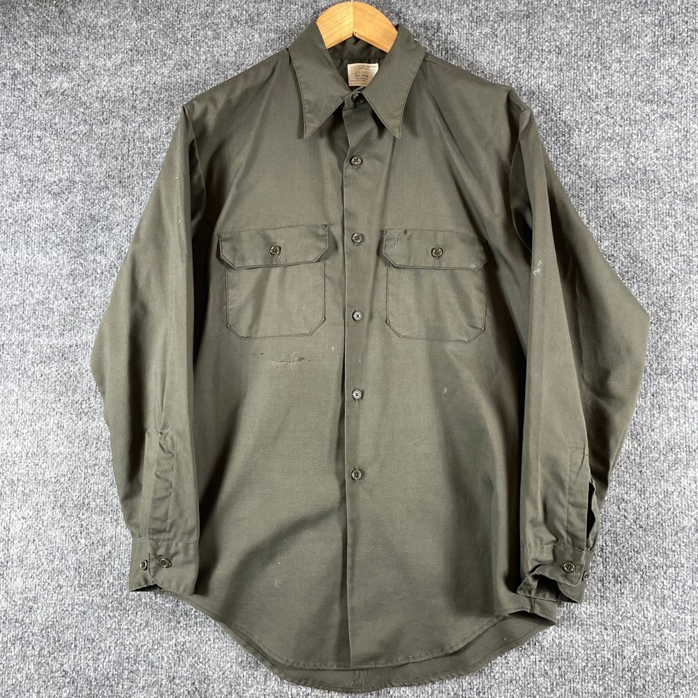 Vintage Big Mac Shirt Mens Large Olive Green Work Long Sleeve Button Down 70s